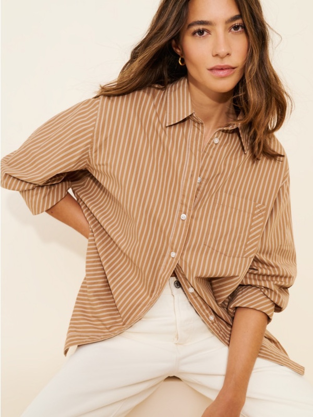 Free People Relaxed Striped Button-Down Shirt - Tan Size Medium